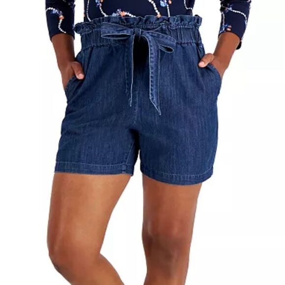 Charter Club Paper Bag Tie Waist Denim Shorts High Rise Medium Skylar Wash NWT - Picture 1 of 10